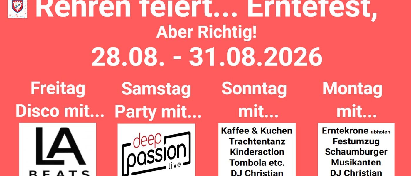 Banner mit Veranstaltungsinfos für das Erntefest 2026 in Rehren A.R.